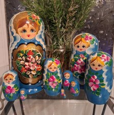Blue Floral Matryshka Russian Nesting Doll 10 In Total
