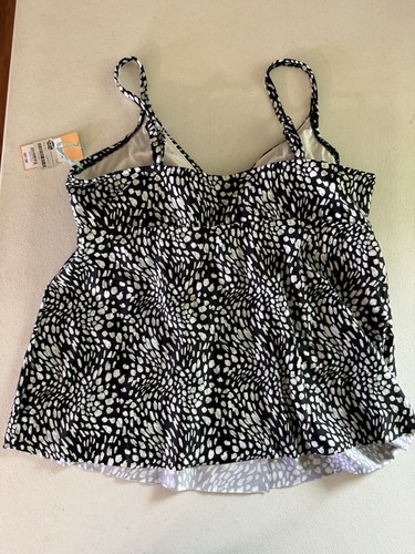Kona Sol Black White Mint Leopard Print Faux Wrap Front Tankini Top size XL New - Picture 7 of 10