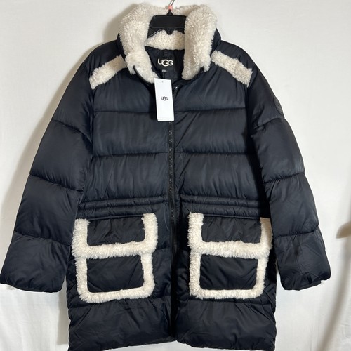 $348 UGG Women's Amal Plush seam Fleece Puffer Coat Black Size S