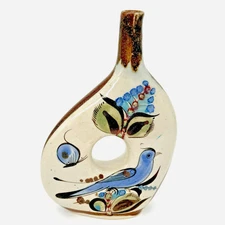Ken Edwards Tonala Pottery Vase Blue Bird & Butterflies Mexico Folk Art W/ Hole