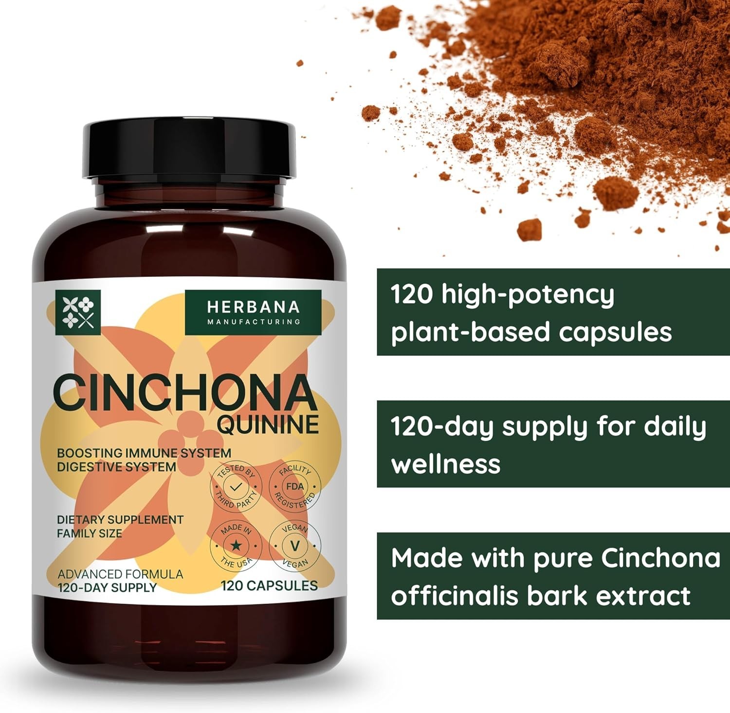 HERBANA Cinchona Officinalis Quinine ~ Potent Immune & Digestive Health - 120ct.