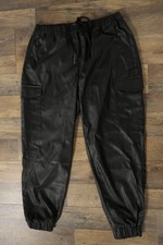 Almost Famous Women s L. Black Faux Leather Drawstring Cargo Fashion Joggers