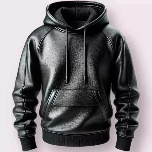 Men's Black Real Lambskin Leather Hoodie Handmade Casual Pullover Jacket - product listing photo