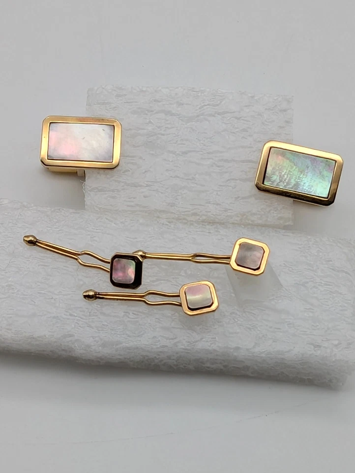 Juego de esmoquin Krementz abulón mop chapado en oro gemelos rectangulares 3 camisas tachuelas Foto 4 de 4