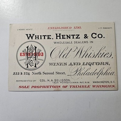 Late 1800's Trade Business Card White, Hentz Old Whiskies Wines $2.00 Ship