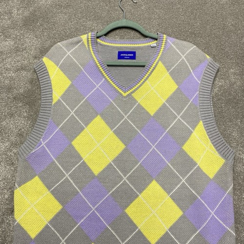 Jack Jones Knitted Sweater Vest Mens 42in Chest Grey Purple Argyle Diamond Golf - Picture 2 of 12