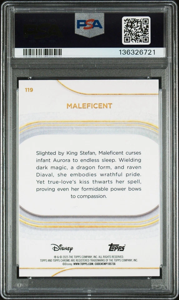 2025 TOPPS CHROME DISNEY #119 MALEFICENT BLACK MINI DIAMONDS 1/10 PSA 10 POP 1 - Image 2 of 4