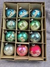 Shiny Brite Vintage Christmas Ornaments Assorted Lot Of 12 Printed Scenes w/box