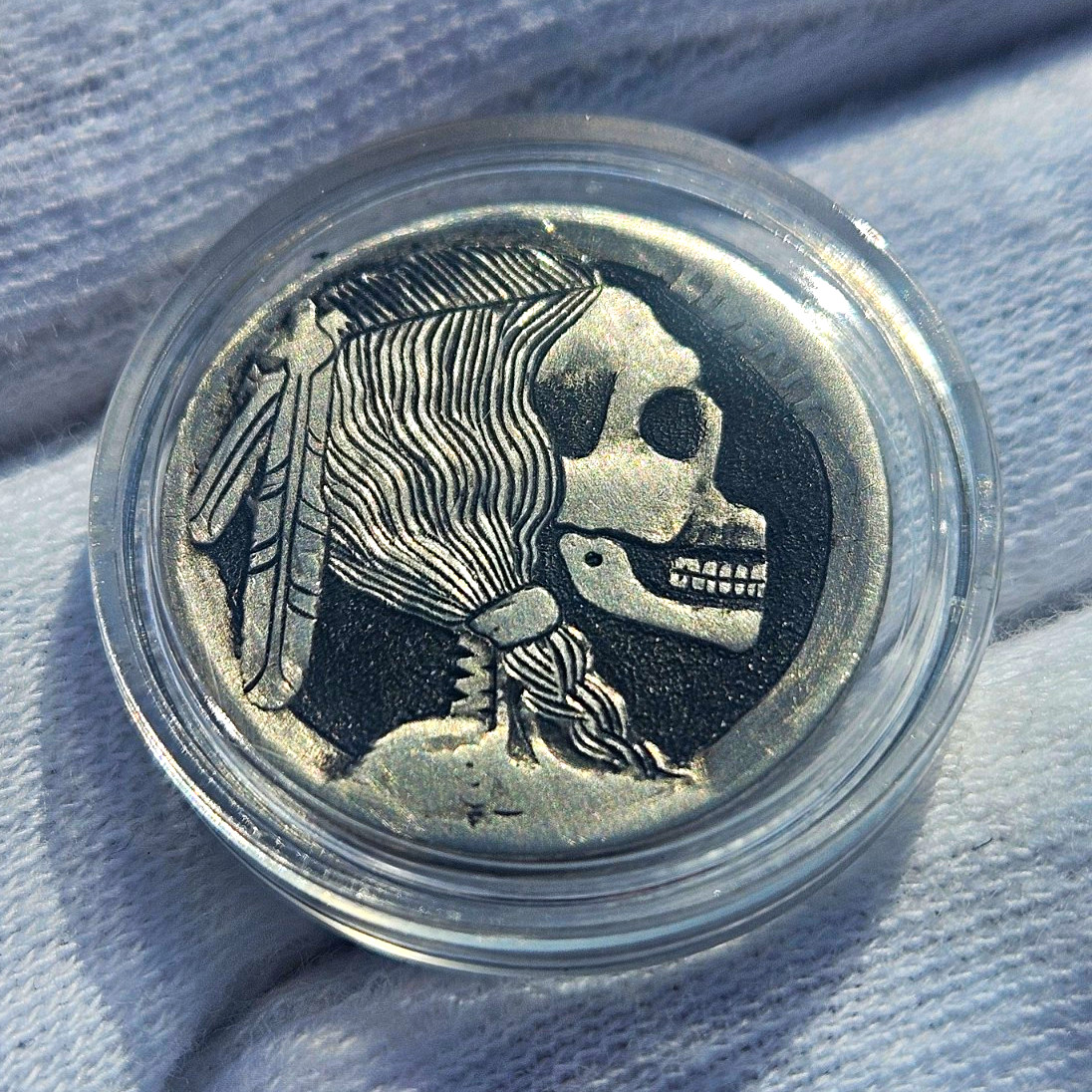Hand Engraved Buffalo Nickel Double Side Hobo Nickel Skull & Skeleton