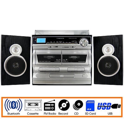 Trexonic 11BS 3-Speed Turntable Dual Cassette CD Player w USB SD AUX Bluetooth - Afbeelding 1 van 15