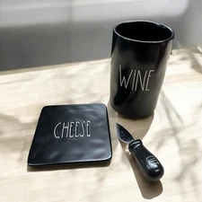 Rae Dunn WINE Artisan Collection Wine Bottle Chiller Holder CHEESE Board & KNIFE