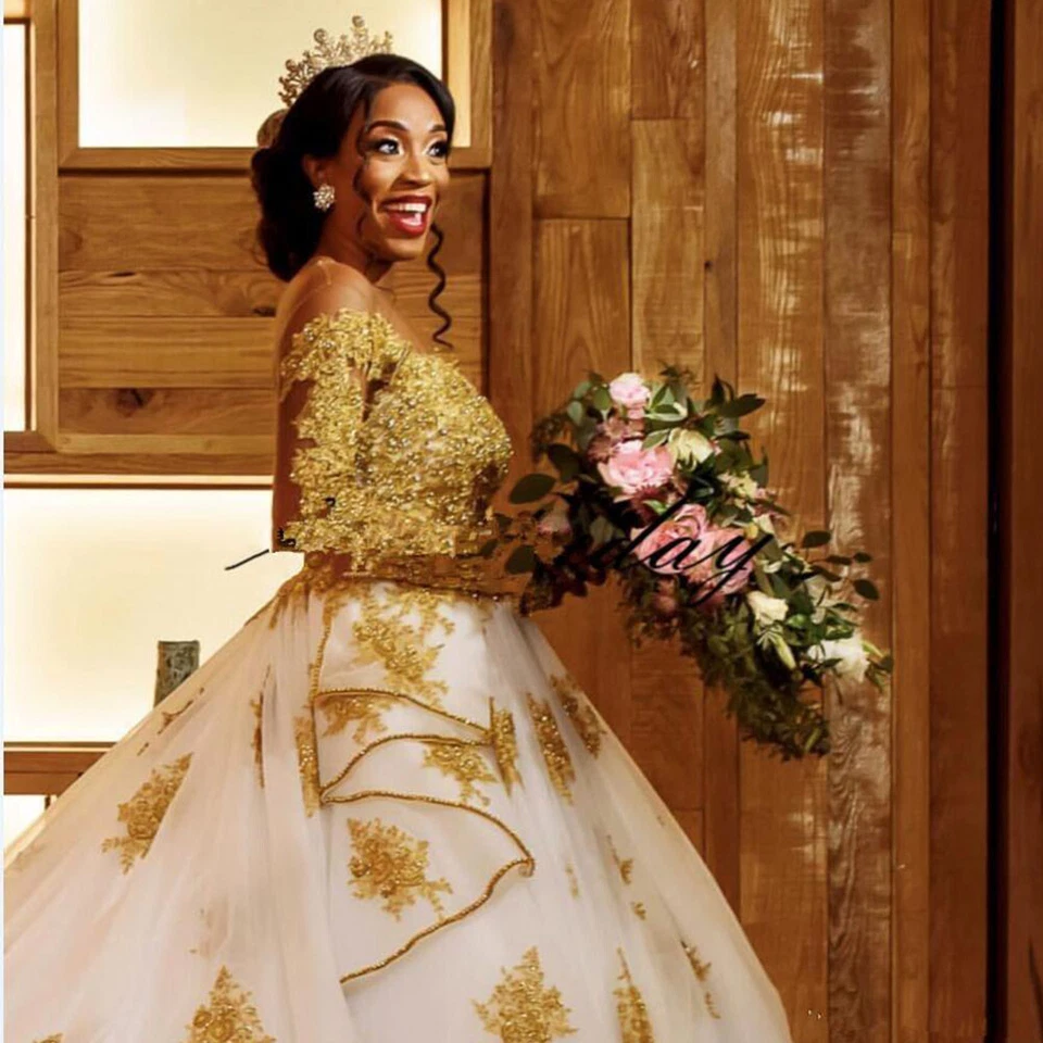 AfricaWedding Dresses Long Sleeves Gold Lace Appliques Bridal Gowns Chapel Train - Image 4 of 4