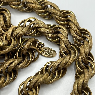 Vintage Miriam Haskell Necklace Gold Tone Etched Link Chunky Chain Signed 1950s