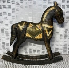 Pier 1 Rare Vintage Hand Carved 13 Wooden Rocking Horse. Brass stone inlay