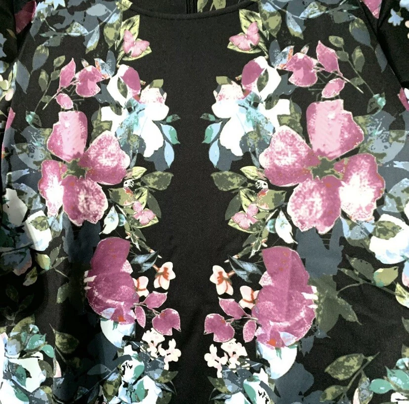 VETEMENTS Abito subacqueo Marc Bouwer nero floreale ginocchio taglia XL spalle arricciate senza maniche