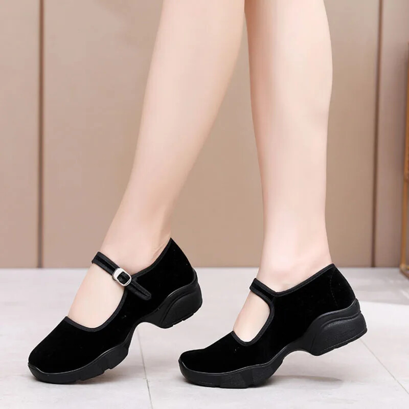 Women's Velvet Pumps with Buckle Strap Platform Block Heel Comfortable Walking Shoes