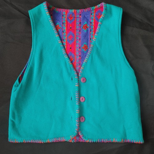 80s 90s PUNCH! Brand Kids 14 L Cotton Outfit W Reversible Neon Tribal Vest Pink - Picture 6 of 11