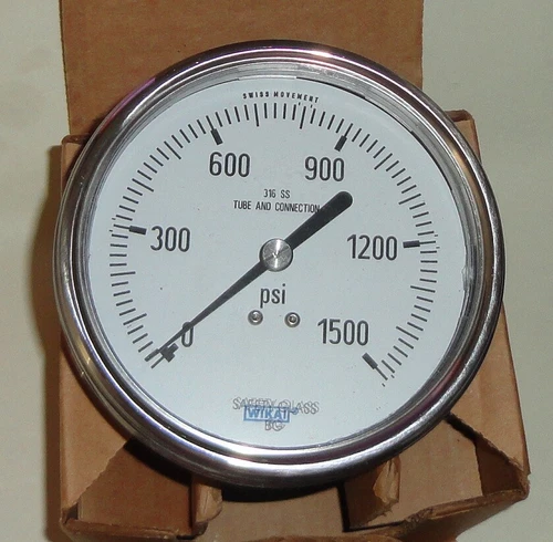 WIKA 9745963 Pressure Gauge - 4" SS Dial, 1/2" NPT SS Lower Back Mount, 1500 PSI