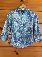Chaps Classics Women's Dress Shirt Blouse PXS Geometric Blue No Iron 3/4 Slveev