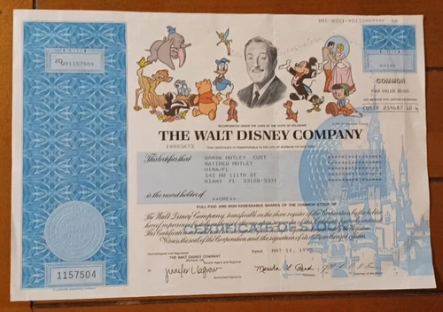 Vintage Original 1 Share Listed Stock Certificate Walt Disney Company 1995 Rare