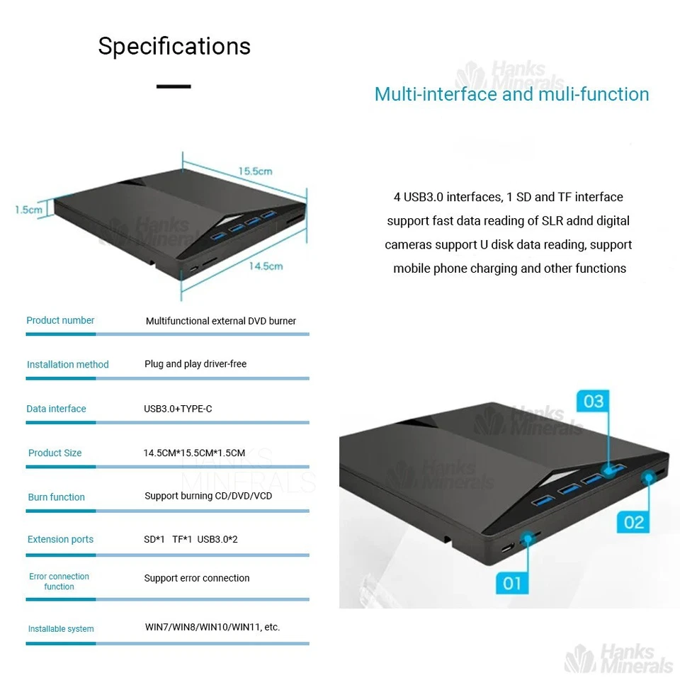 7-in-1 Slim External CD DVD Drive USB 3.0 Reader Writer Burner Player For Laptop - Image 4 of 4