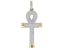 Men's 10K Yellow Gold Puff Ankh Cross Genuine Diamond Pendant 0.55 Ct 1.8"