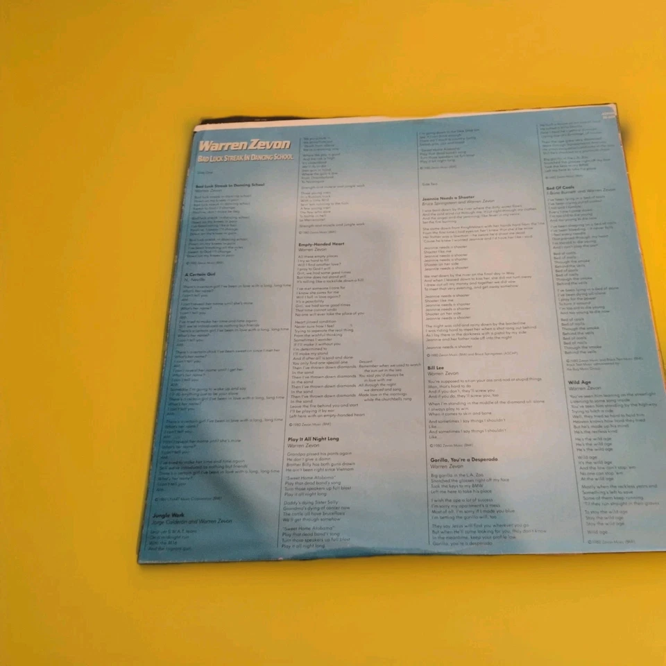 Warren Zevon: Bad Luck Streak In Dancing School LP w/ nner (1980) EX/VG+ Asylum  - Image 2 of 4