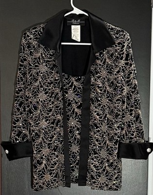 R & M Collection Women s Black/Gold Sequin Floral Open Front Lined Blazer 8