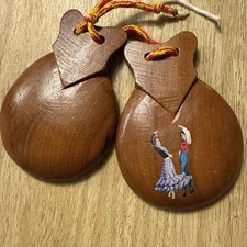 Vintage Painted Wood Spanish Percussion Castanets Clackers Noise Makers