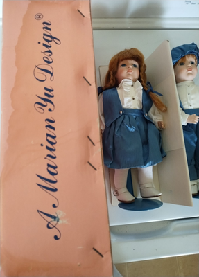 Vtg Dec 1987 Marian Yu Designs Twin Porcelain Dolls Boy Girl 10.5