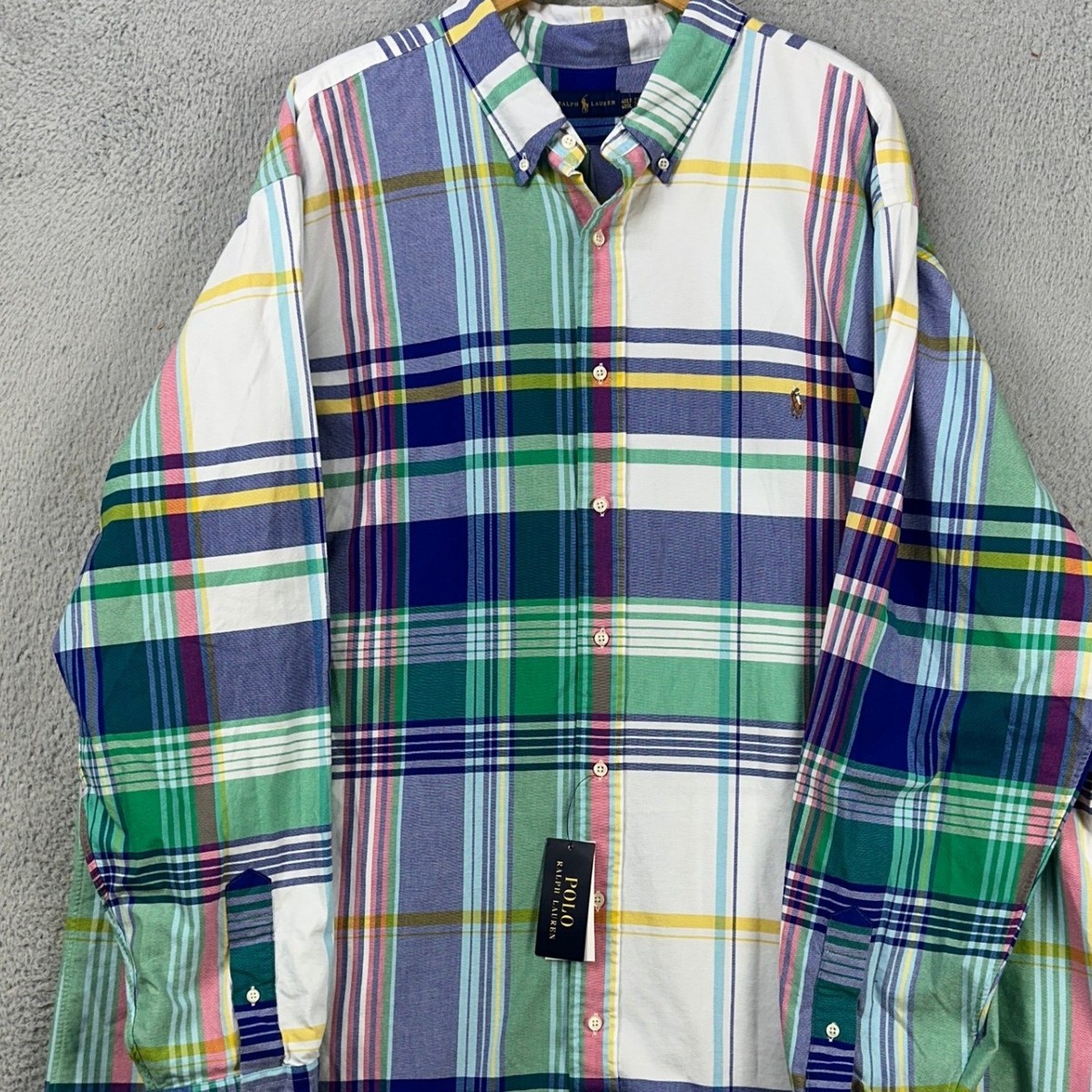 Ralph Lauren Men Button Down Shirt 4XLT Big Tall Blue Green Plaid Flesh  Pony NEW