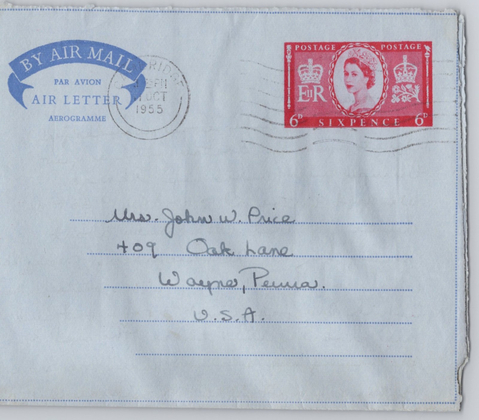 London, England — air letter with 6d Queen Elizabeth II stamp — 1955