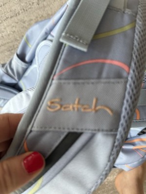 Satch Pack Schulrucksack grau mit Muster, Brustgurt, orange/gelbe Akzente