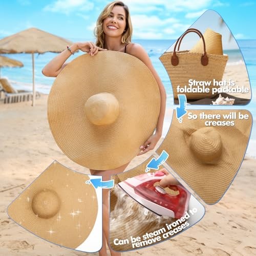 Oversized Beach Hat for Women Wide Brim Straw Sun Hat UPF 50+ UV Khaki - Imagen 4 de 7
