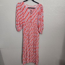 Boho Geometric Print Midi Dress Puff Sleeves Tie Cottage Large
