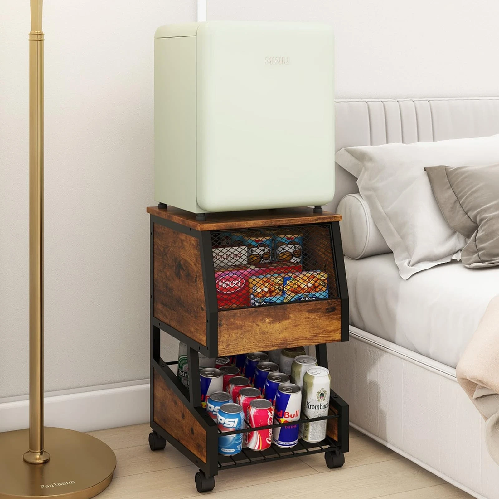 Compact Refrigerator Stand with Beverage Storage Wheels Mini Fridge Cart for