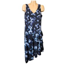 Simply Vera Wang Floral Asymmetrical Ruffle Dress Women's Size Large Black Blue
