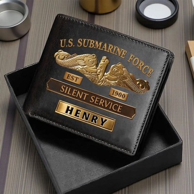 Custom U.S. Submarine Force Wallet, Personalized Navy Veteran Leather Gift 1990