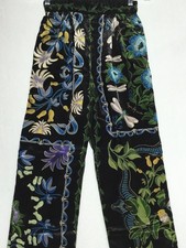 Farm Rio Winter Garden Floral Pants XS Multicolor Satin Straight Leg Dragonflies