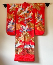 Red Silk Japanese Bridal Uchikake Kimono Cranes Floral Embroidery Wedding