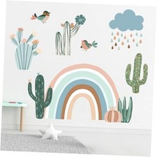 Boho Wall Decals Stickers, Bohemian Cacti Cloud Rain Bird Rainbow Cactus
