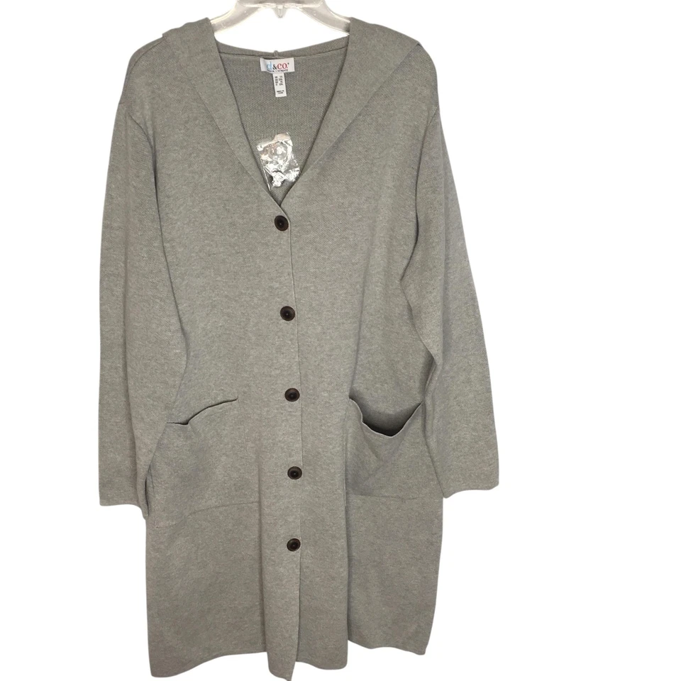Cárdigan con Capucha Denim & Co Para Mujer 1X Gris Largo Botón Frontal Suéter Bolsillos Foto 2 de 4