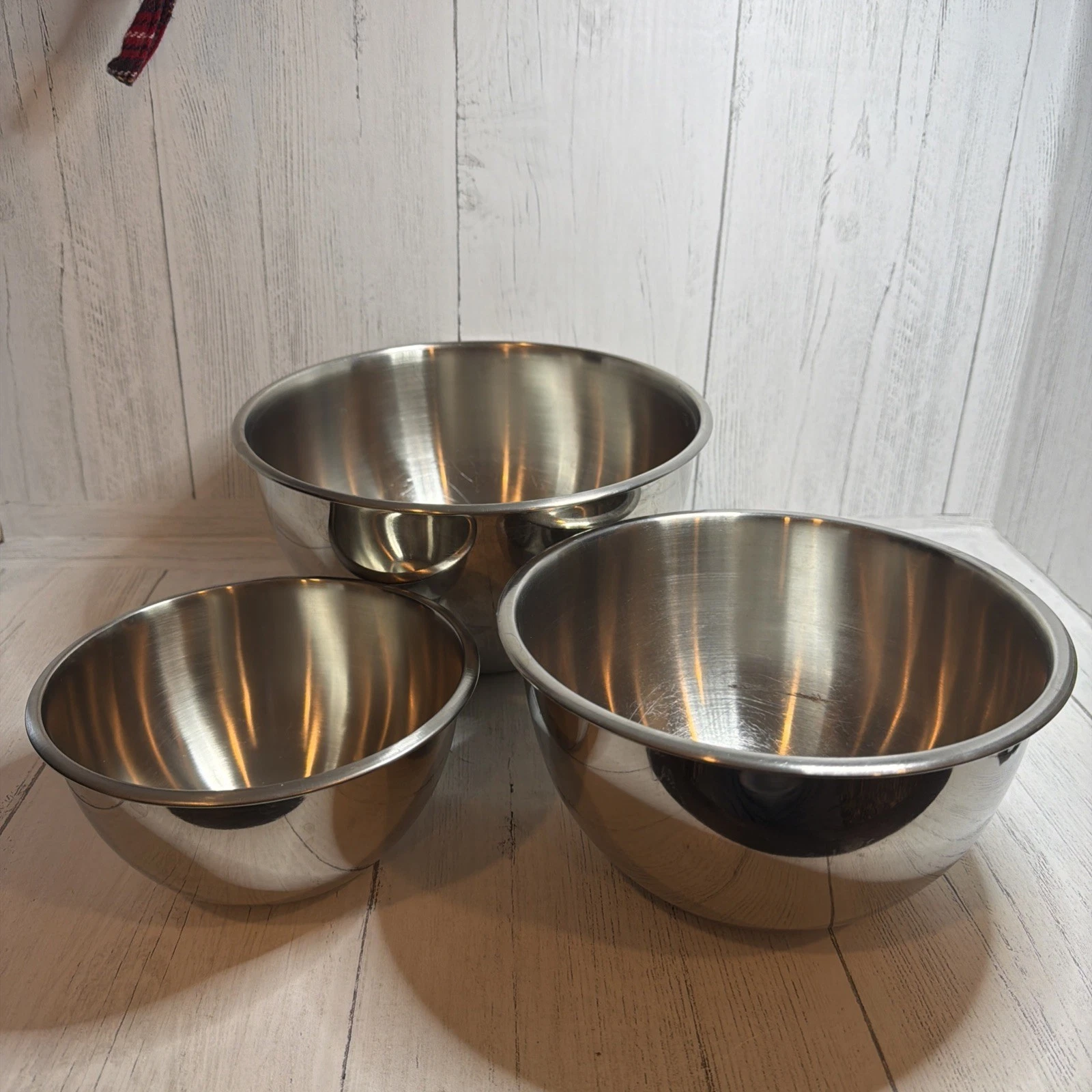 Three Stainless Steel Nesting Bowls 10” Round 8.5 Round 7” Round No Lids