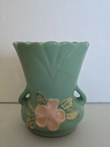 Vtg Weller Pottery Wild Rose Vase Green 5.25"T