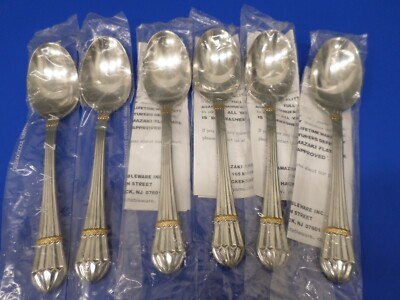 6 - YAMAZAKI CAROUSELLE-GOLD Accent Glossy Stainless Flatware 7 3/8'' SOUP SPOONS