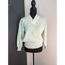 Women's Mint/Sea Foam Ribbed Sweater with Lace and Pearl Details