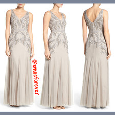 NWT $249 Adrianna Papell V-Neck Beaded Embroidered Gown in Platinum [ 2P ] #M571