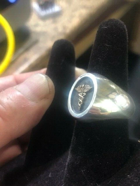 Two Tone 14k Gold and Silver Medical Symbol Caduceus Solid Ring - Image 4 of 4