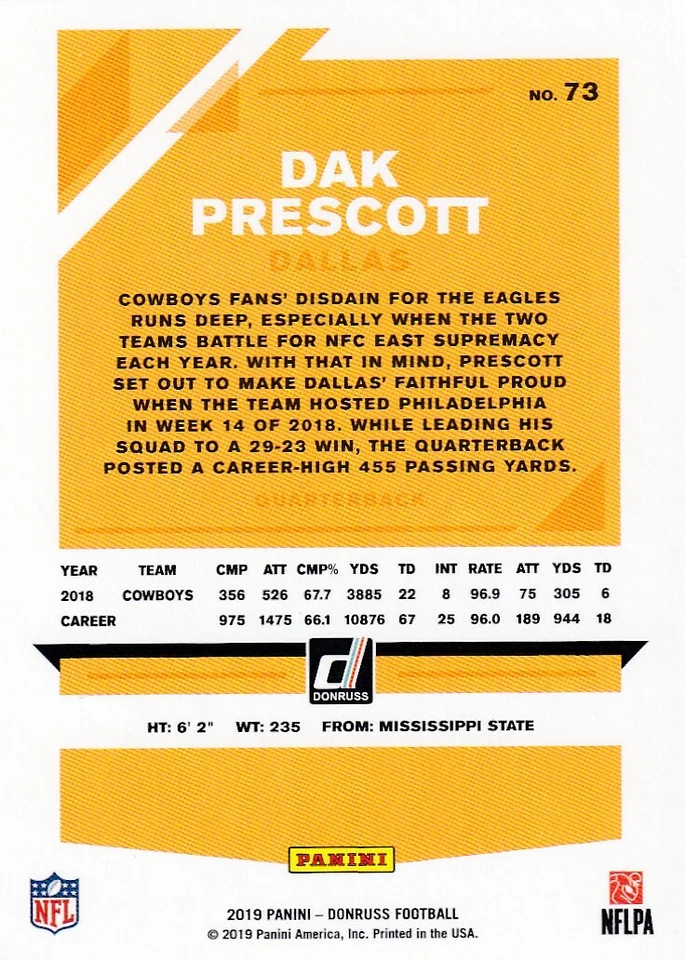 2019 DONRUSS FOOTBALL DAK PRESCOTT DALLAS COWBOYS - B2873-4 - Image 2 of 2