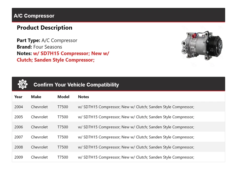 Para 2004-2009 Chevrolet T7500 A/C Compressor 4 Estações 2005 2006 2007 2008 - Imagem 2 de 4